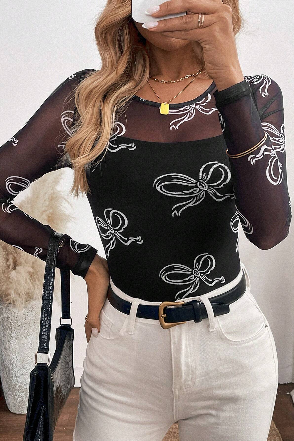 Black Bow Print Long Sleeve Mesh Top